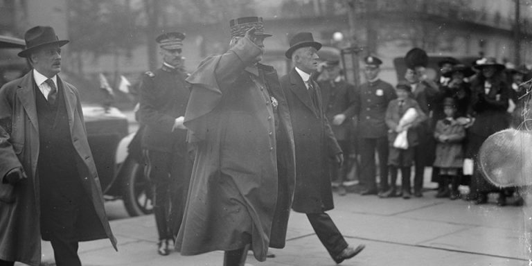Marshal Joffre arrives in the US in 1917 as part of a French commission to solicit help for the French railway system